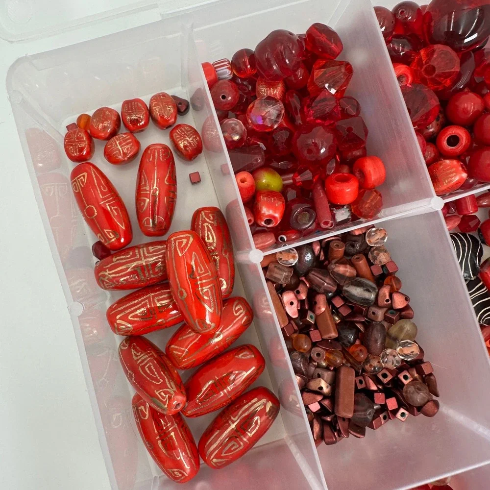 Large Red Glass Bead Lot Jewelry Making Supplies Floral Craft Organizer Case